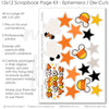 Spooky Good Times scrapbook die cuts and ephemera sheet featuring black orange stripes, candy corn pattern, white ghost pattern, orange stars, black stars, and yellow stars. Coordinating paper embellishments for Halloween memories and favorite photos.