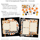 Spooky Good Times scrapbook page kit includes two coordinated 12x12 printed base sheets with matching die cuts and embellishments. Designed for Halloween memories and favorite photos.
