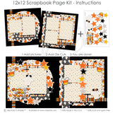 Spooky Good Times 12x12 scrapbook page kit instruction image showing the completed two-page layout and placement of coordinating papers, die cuts, and photo areas. Designed for Halloween memories and favorite photos.