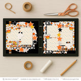 Spooky Good Times scrapbook page kit shown in a memory album binder mockup with the finished two-page layout. A coordinated way to preserve Halloween memories and favorite photos.
