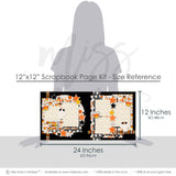 Spooky Good Times 12x12 scrapbook page kit size reference image showing the scale of the coordinated two-page layout, printed papers, and embellishments for Halloween memories and favorite photos.