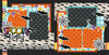 Two-page Spooky Night scrapbook layout featuring black bat paper pattern, orange black polka dots, charcoal aqua polka dots, aqua white gingham, multicolor circle pattern, black geometric star pattern, white black spiderweb strip, rainbow stripe accents. Designed for Halloween Memories, Halloween Scrapbook Page Kit, cream bat pattern, black bat die cuts, white spiderweb die cuts, multicolor pennant banners, Spooky Night title, layered black borders, orange photo mats, teal photo mats.