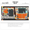 Spooky Night 12x12 scrapbook page kit shown with orange black polka dots, charcoal aqua polka dots, aqua white gingham, multicolor circle pattern, black geometric star pattern, white black spiderweb strip, rainbow stripe accents, cream bat pattern. Designed for Halloween Scrapbook Page Kit, Spooky Halloween Scrapbook Kit, black bat die cuts, white spiderweb die cuts, multicolor pennant banners, Spooky Night title, layered black borders, orange photo mats, teal photo mats.