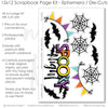 Coordinated Spooky Night memory-keeping layout with charcoal aqua polka dots, aqua white gingham, multicolor circle pattern, black geometric star pattern, white black spiderweb strip, rainbow stripe accents, cream bat pattern, black bat die cuts. Designed for Spooky Halloween Scrapbook Kit, Halloween Night Scrapbook Pages, white spiderweb die cuts, multicolor pennant banners, Spooky Night title, layered black borders, orange photo mats, teal photo mats, black white cream palette.