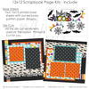 Detailed Spooky Night scrapbook design featuring aqua white gingham, multicolor circle pattern, black geometric star pattern, white black spiderweb strip, rainbow stripe accents, cream bat pattern, black bat die cuts, white spiderweb die cuts. Designed for Halloween Night Scrapbook Pages, Halloween Photo Scrapbook Layout, multicolor pennant banners, Spooky Night title, layered black borders, orange photo mats, teal photo mats, black white cream palette, bright orange aqua accents.