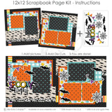 Finished Spooky Night photo layout showing multicolor circle pattern, black geometric star pattern, white black spiderweb strip, rainbow stripe accents, cream bat pattern, black bat die cuts, white spiderweb die cuts, multicolor pennant banners. Designed for Halloween Photo Scrapbook Layout, Halloween Memory Keeping Kit, Spooky Night title, layered black borders, orange photo mats, teal photo mats, black white cream palette, bright orange aqua accents, black bat paper pattern.