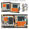 Finished Spooky Night photo layout showing multicolor circle pattern, black geometric star pattern, white black spiderweb strip, rainbow stripe accents, cream bat pattern, black bat die cuts, white spiderweb die cuts, multicolor pennant banners. Designed for Halloween Photo Scrapbook Layout, Halloween Memory Keeping Kit, Spooky Night title, layered black borders, orange photo mats, teal photo mats, black white cream palette, bright orange aqua accents, black bat paper pattern.