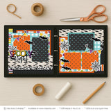 Spooky Night scrapbook page kit artwork with black geometric star pattern, white black spiderweb strip, rainbow stripe accents, cream bat pattern, black bat die cuts, white spiderweb die cuts, multicolor pennant banners, Spooky Night title. Designed for Halloween Memory Keeping Kit, Halloween Two Page Scrapbook Layout, layered black borders, orange photo mats, teal photo mats, black white cream palette, bright orange aqua accents, black bat paper pattern, orange black polka dots.
