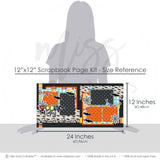 Coordinating Spooky Night papers and die cuts featuring white black spiderweb strip, rainbow stripe accents, cream bat pattern, black bat die cuts, white spiderweb die cuts, multicolor pennant banners, Spooky Night title, layered black borders. Designed for Halloween Two Page Scrapbook Layout, Halloween Scrapbook Paper And Die Cuts, orange photo mats, teal photo mats, black white cream palette, bright orange aqua accents, black bat paper pattern, orange black polka dots.