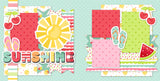 Two-page Sunshine scrapbook layout featuring mint pink red yellow and green palette, sunshine patterned paper, colorful striped paper, scalloped stripe pattern, small polka dot papers, red cherries, watermelon slice, pink and mint flip flops. Designed for Summer Vacation Memories, Summer Scrapbook Page Kit, large yellow sun, sunshine title phrase, layered banner strips, bright summer photo mats.
