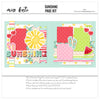 Sunshine 12x12 scrapbook page kit shown with sunshine patterned paper, colorful striped paper, scalloped stripe pattern, small polka dot papers, red cherries, watermelon slice, pink and mint flip flops, large yellow sun. Designed for Summer Scrapbook Page Kit, Sunshine Scrapbook Layout, sunshine title phrase, layered banner strips, bright summer photo mats, mint pink red yellow and green palette.