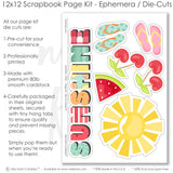 Coordinated Sunshine memory-keeping layout with colorful striped paper, scalloped stripe pattern, small polka dot papers, red cherries, watermelon slice, pink and mint flip flops, large yellow sun, sunshine title phrase. Designed for Sunshine Scrapbook Layout, Summer Vacation Scrapbook Pages, layered banner strips, bright summer photo mats, mint pink red yellow and green palette, sunshine patterned paper.