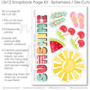 Coordinated Sunshine memory-keeping layout with colorful striped paper, scalloped stripe pattern, small polka dot papers, red cherries, watermelon slice, pink and mint flip flops, large yellow sun, sunshine title phrase. Designed for Sunshine Scrapbook Layout, Summer Vacation Scrapbook Pages, layered banner strips, bright summer photo mats, mint pink red yellow and green palette, sunshine patterned paper.