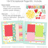 Detailed Sunshine scrapbook design featuring scalloped stripe pattern, small polka dot papers, red cherries, watermelon slice, pink and mint flip flops, large yellow sun, sunshine title phrase, layered banner strips. Designed for Summer Vacation Scrapbook Pages, Pool Day Scrapbook Paper Kit, bright summer photo mats, mint pink red yellow and green palette, sunshine patterned paper, colorful striped paper.