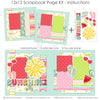 Finished Sunshine photo layout showing small polka dot papers, red cherries, watermelon slice, pink and mint flip flops, large yellow sun, sunshine title phrase, layered banner strips, bright summer photo mats. Designed for Pool Day Scrapbook Paper Kit, Beach Trip Memory Layout, mint pink red yellow and green palette, sunshine patterned paper, colorful striped paper, scalloped stripe pattern.