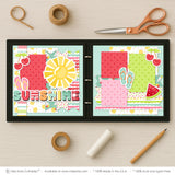 Sunshine scrapbook page kit artwork with red cherries, watermelon slice, pink and mint flip flops, large yellow sun, sunshine title phrase, layered banner strips, bright summer photo mats, mint pink red yellow and green palette. Designed for Beach Trip Memory Layout, Watermelon Scrapbook Pages, sunshine patterned paper, colorful striped paper, scalloped stripe pattern, small polka dot papers.