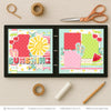 Sunshine scrapbook page kit artwork with red cherries, watermelon slice, pink and mint flip flops, large yellow sun, sunshine title phrase, layered banner strips, bright summer photo mats, mint pink red yellow and green palette. Designed for Beach Trip Memory Layout, Watermelon Scrapbook Pages, sunshine patterned paper, colorful striped paper, scalloped stripe pattern, small polka dot papers.