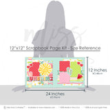 Coordinating Sunshine papers and die cuts featuring watermelon slice, pink and mint flip flops, large yellow sun, sunshine title phrase, layered banner strips, bright summer photo mats, mint pink red yellow and green palette, sunshine patterned paper. Designed for Watermelon Scrapbook Pages, Flip Flop Scrapbook Kit, colorful striped paper, scalloped stripe pattern, small polka dot papers, red cherries.
