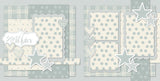 Two-page Sweet Baby Blue scrapbook layout featuring soft powder blue, warm cream, large blue polka dots, tiny blue dot pattern, blue plaid pattern, layered scallop frames, white outlined stars, patterned hearts. Designed for Baby Boy Scrapbook, Baby Boy Scrapbook Kit, plaid hearts, polka dot hearts, sweet baby title, layered photo mats, soft blue backgrounds.