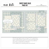 Sweet Baby Blue 12x12 scrapbook page kit shown with warm cream, large blue polka dots, tiny blue dot pattern, blue plaid pattern, layered scallop frames, white outlined stars, patterned hearts, plaid hearts. Designed for Baby Boy Scrapbook Kit, Newborn Baby Boy Scrapbook Pages, polka dot hearts, sweet baby title, layered photo mats, soft blue backgrounds, soft powder blue.