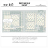 Sweet Baby Blue 12x12 scrapbook page kit shown with warm cream, large blue polka dots, tiny blue dot pattern, blue plaid pattern, layered scallop frames, white outlined stars, patterned hearts, plaid hearts. Designed for Baby Boy Scrapbook Kit, Newborn Baby Boy Scrapbook Pages, polka dot hearts, sweet baby title, layered photo mats, soft blue backgrounds, soft powder blue.