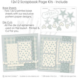 Detailed Sweet Baby Blue scrapbook design featuring tiny blue dot pattern, blue plaid pattern, layered scallop frames, white outlined stars, patterned hearts, plaid hearts, polka dot hearts, sweet baby title. Designed for Baby Boy Memory Book Pages, New Baby Scrapbook Layout, layered photo mats, soft blue backgrounds, soft powder blue, warm cream, large blue polka dots.