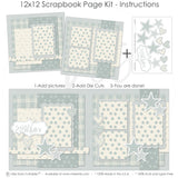 Finished Sweet Baby Blue photo layout showing blue plaid pattern, layered scallop frames, white outlined stars, patterned hearts, plaid hearts, polka dot hearts, sweet baby title, layered photo mats. Designed for New Baby Scrapbook Layout, Baby Shower Scrapbook Pages, soft blue backgrounds, soft powder blue, warm cream, large blue polka dots, tiny blue dot pattern.