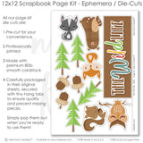 Miss Kate’s 12x12 scrapbook layout kit The Wild Life features forest animals, bold patterns, journaling space, acorn die cuts, tree ephemera, colorful photo mats, polka dots, woodgrain, and plaid backgrounds great for boy or girl outdoor adventures, scout trips, camping memories, autumn photos, DIY albums, wildlife journaling, layering designs, and paper crafts