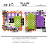Trick Or Treat 12x12 scrapbook page kit cover featuring orange scallop border, orange polka dots, purple gingham, green polka dots, black houndstooth, and black. A coordinated premade layout for Halloween memories and favorite photos.