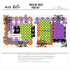 Trick Or Treat 12x12 scrapbook page kit cover featuring orange scallop border, orange polka dots, purple gingham, green polka dots, black houndstooth, and black. A coordinated premade layout for Halloween memories and favorite photos.