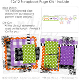 Trick Or Treat scrapbook page kit includes two coordinated 12x12 printed base sheets with matching die cuts and embellishments. Designed for Halloween memories and favorite photos.