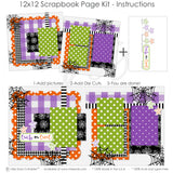 Trick Or Treat 12x12 scrapbook page kit instruction image showing the completed two-page layout and placement of coordinating papers, die cuts, and photo areas. Designed for Halloween memories and favorite photos.