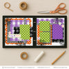 Trick Or Treat scrapbook page kit shown in a memory album binder mockup with the finished two-page layout. A coordinated way to preserve Halloween memories and favorite photos.