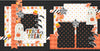 Two-page Trick Or Treat 12x12 scrapbook layout featuring black dotted background, orange plaid pattern, orange, yellow leaf pattern, cream multicolor dot pattern, and black. Designed for Halloween memories and favorite photos.