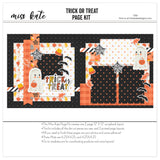 Trick Or Treat 12x12 scrapbook page kit cover featuring orange, yellow leaf pattern, cream multicolor dot pattern, black, white stripes, and orange Halloween icon pattern. A coordinated premade layout for Halloween memories and favorite photos.