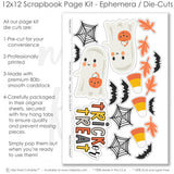 Trick Or Treat scrapbook die cuts and ephemera sheet featuring cream multicolor dot pattern, black, white stripes, orange Halloween icon pattern, orange photo mats, and black polka dot photo mats. Coordinating paper embellishments for Halloween memories and favorite photos.