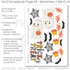 Trick Or Treat scrapbook die cuts and ephemera sheet featuring cream multicolor dot pattern, black, white stripes, orange Halloween icon pattern, orange photo mats, and black polka dot photo mats. Coordinating paper embellishments for Halloween memories and favorite photos.