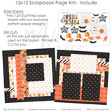 Trick Or Treat scrapbook page kit includes two coordinated 12x12 printed base sheets with matching die cuts and embellishments. Designed for Halloween memories and favorite photos.