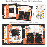 Trick Or Treat 12x12 scrapbook page kit instruction image showing the completed two-page layout and placement of coordinating papers, die cuts, and photo areas. Designed for Halloween memories and favorite photos.