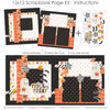 Trick Or Treat 12x12 scrapbook page kit instruction image showing the completed two-page layout and placement of coordinating papers, die cuts, and photo areas. Designed for Halloween memories and favorite photos.