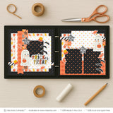 Trick Or Treat scrapbook page kit shown in a memory album binder mockup with the finished two-page layout. A coordinated way to preserve Halloween memories and favorite photos.
