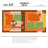 Welcome Fall 12x12 scrapbook page kit shown with brown plaid background, orange polka dots, green polka dots, pumpkin pattern paper, mustard houndstooth, orange pumpkins, fall leaves, cute squirrel. Designed for Fall Scrapbook Page Kit, Autumn Scrapbook Layout Kit, acorn, welcome fall title, orange brown green palette, layered paper blocks, white outlined die cuts, autumn embellishment clusters, orange plaid paper.