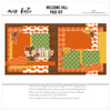 Welcome Fall 12x12 scrapbook page kit shown with brown plaid background, orange polka dots, green polka dots, pumpkin pattern paper, mustard houndstooth, orange pumpkins, fall leaves, cute squirrel. Designed for Fall Scrapbook Page Kit, Autumn Scrapbook Layout Kit, acorn, welcome fall title, orange brown green palette, layered paper blocks, white outlined die cuts, autumn embellishment clusters, orange plaid paper.