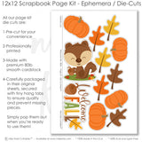 Coordinated Welcome Fall memory-keeping layout with orange polka dots, green polka dots, pumpkin pattern paper, mustard houndstooth, orange pumpkins, fall leaves, cute squirrel, acorn. Designed for Autumn Scrapbook Layout Kit, Pumpkin Scrapbook Page Kit, welcome fall title, orange brown green palette, layered paper blocks, white outlined die cuts, autumn embellishment clusters, orange plaid paper, brown plaid background.