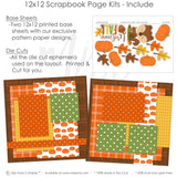 Detailed Welcome Fall scrapbook design featuring green polka dots, pumpkin pattern paper, mustard houndstooth, orange pumpkins, fall leaves, cute squirrel, acorn, welcome fall title. Designed for Pumpkin Scrapbook Page Kit, Fall Family Scrapbook Pages, orange brown green palette, layered paper blocks, white outlined die cuts, autumn embellishment clusters, orange plaid paper, brown plaid background, orange polka dots.