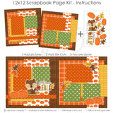Finished Welcome Fall photo layout showing pumpkin pattern paper, mustard houndstooth, orange pumpkins, fall leaves, cute squirrel, acorn, welcome fall title, orange brown green palette. Designed for Fall Family Scrapbook Pages, Autumn Memory Keeping Kit, layered paper blocks, white outlined die cuts, autumn embellishment clusters, orange plaid paper, brown plaid background, orange polka dots, green polka dots.