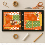Welcome Fall scrapbook page kit artwork with mustard houndstooth, orange pumpkins, fall leaves, cute squirrel, acorn, welcome fall title, orange brown green palette, layered paper blocks. Designed for Autumn Memory Keeping Kit, Pumpkin Patch Scrapbook Layout, white outlined die cuts, autumn embellishment clusters, orange plaid paper, brown plaid background, orange polka dots, green polka dots, pumpkin pattern paper.