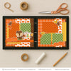 Welcome Fall scrapbook page kit artwork with mustard houndstooth, orange pumpkins, fall leaves, cute squirrel, acorn, welcome fall title, orange brown green palette, layered paper blocks. Designed for Autumn Memory Keeping Kit, Pumpkin Patch Scrapbook Layout, white outlined die cuts, autumn embellishment clusters, orange plaid paper, brown plaid background, orange polka dots, green polka dots, pumpkin pattern paper.