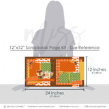 Coordinating Welcome Fall papers and die cuts featuring orange pumpkins, fall leaves, cute squirrel, acorn, welcome fall title, orange brown green palette, layered paper blocks, white outlined die cuts. Designed for Pumpkin Patch Scrapbook Layout, Fall Photo Album Pages, autumn embellishment clusters, orange plaid paper, brown plaid background, orange polka dots, green polka dots, pumpkin pattern paper, mustard houndstooth.