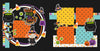Two-page Witch Way To The Candy 12x12 scrapbook layout featuring solid black background, orange polka dots, yellow polka dots, aqua polka dots, multicolor striped paper, and candy corn pattern. Designed for Halloween candy memories and favorite photos.